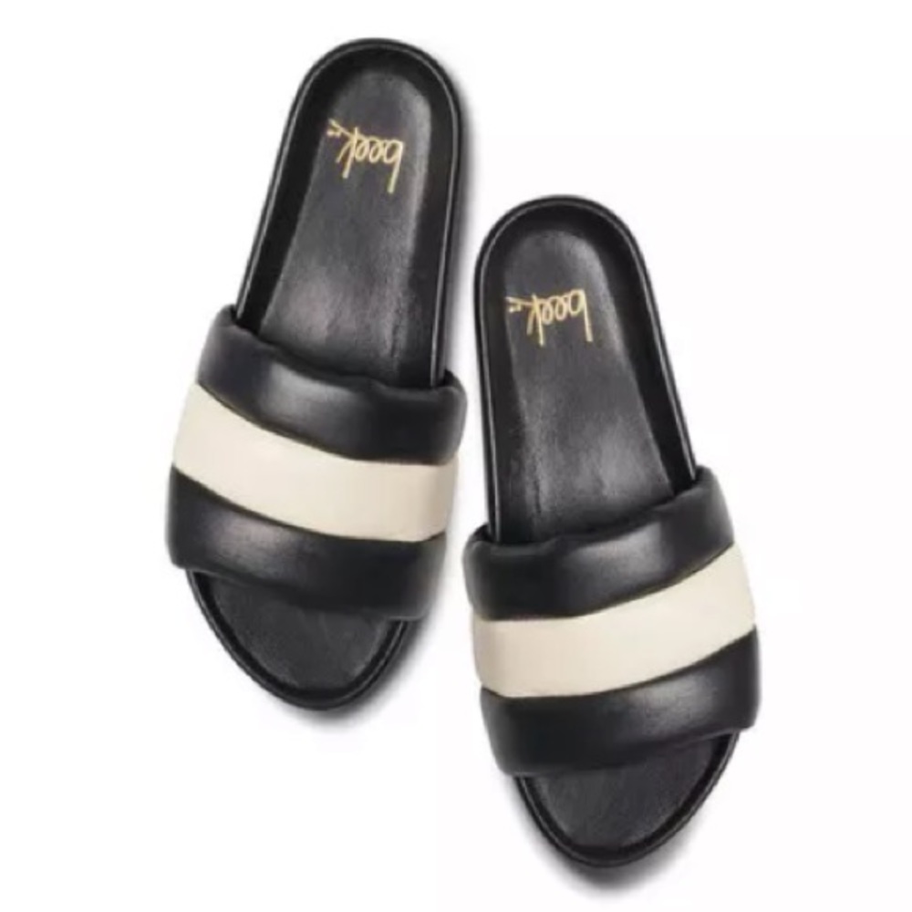 Beek NWOT Martin black & white leather slides